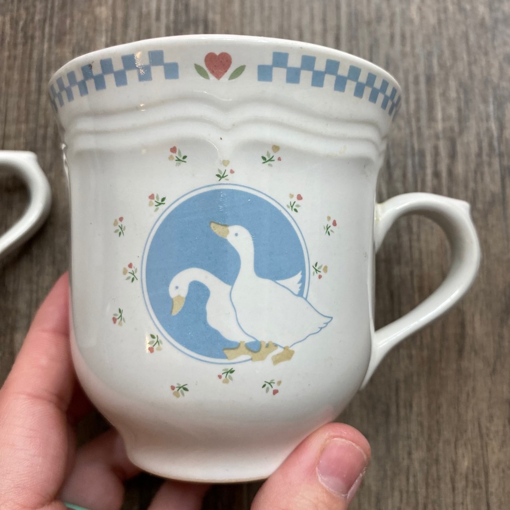 Stoneware Moonlight Thailand Geese Heart Mugs Set of 2 Blue White Checkered - Picture 3 of 9